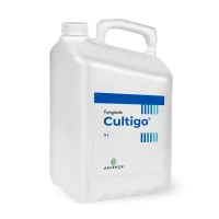 Un bidon de 5 litres de Cultigo, l'étiquette est visible avec le nom du produit et les couleurs aux nuances bleues de la gamme fongicide Ascenza